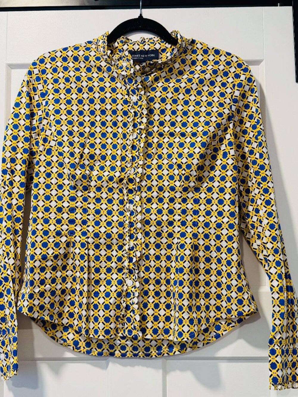 Jones New York Geometric Pattern Long-Sleeve Button-Front Cotton Blouse